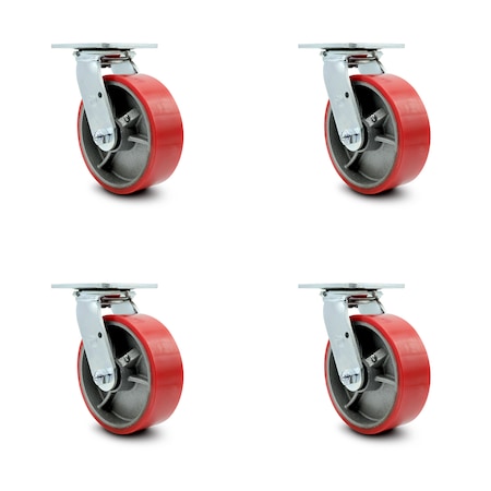 Service Caster 6 Inch Red Poly on Cast Iron Wheel Swivel Caster Set with Roller Bearings SCC SCC-30CS620-PUR-RS-4